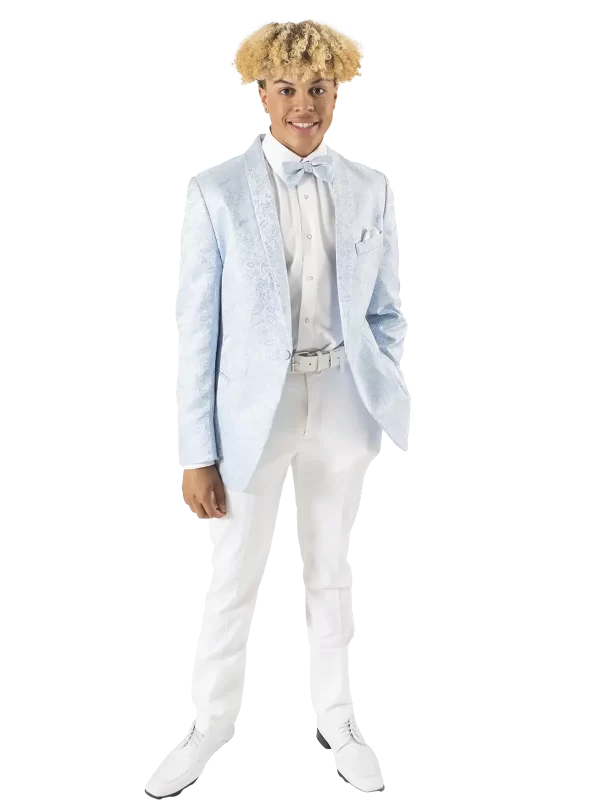 Man in a blue wedgewood paisley jacket and white pants