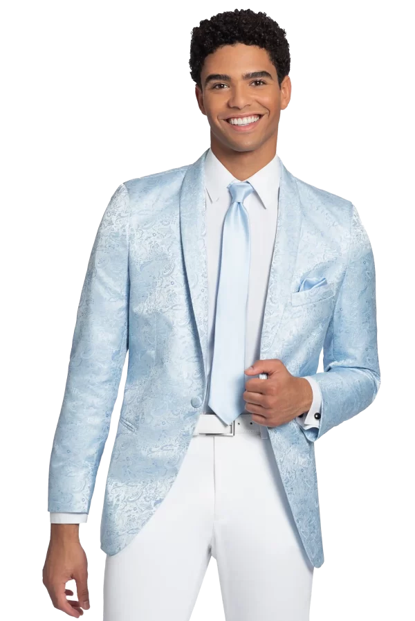 Man in a blue wedgewood paisley jacket and white pants