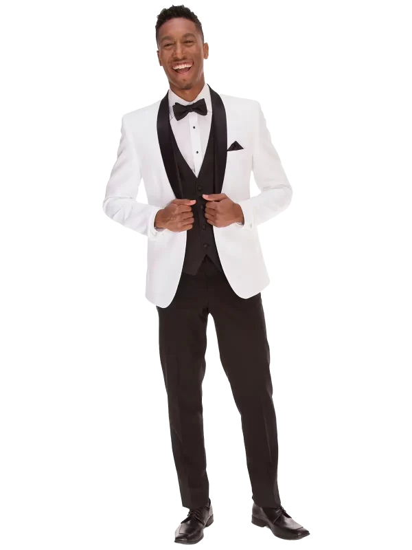 Man in a Clayton white jacket with black trim and black pants
