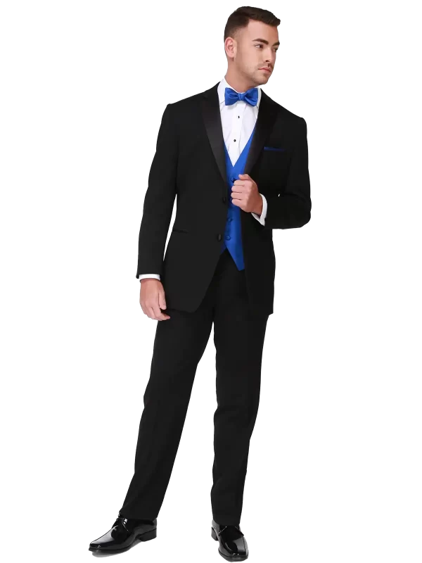 Man in a black J Sebastian tuxedo with a blue tie