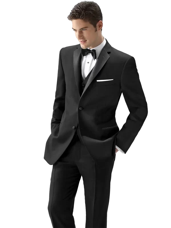 Man in a black J Sebastian tuxedo with a vest and black bow tie