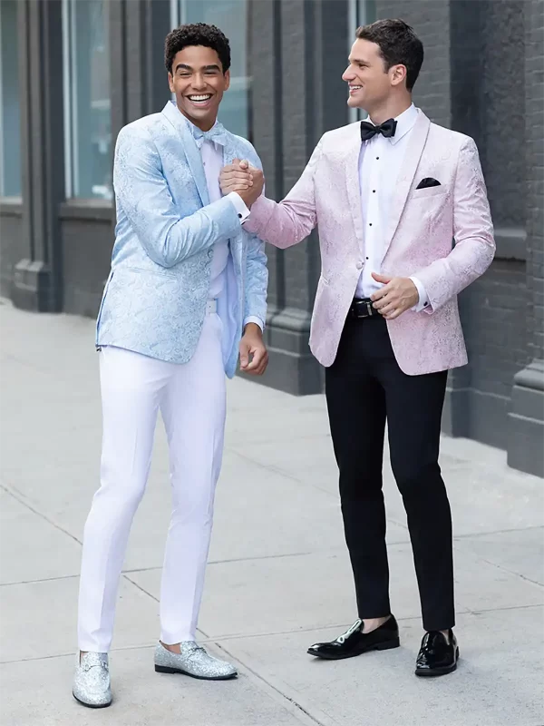 Two men in a blue wedgewood and pink quartz paisley jackets