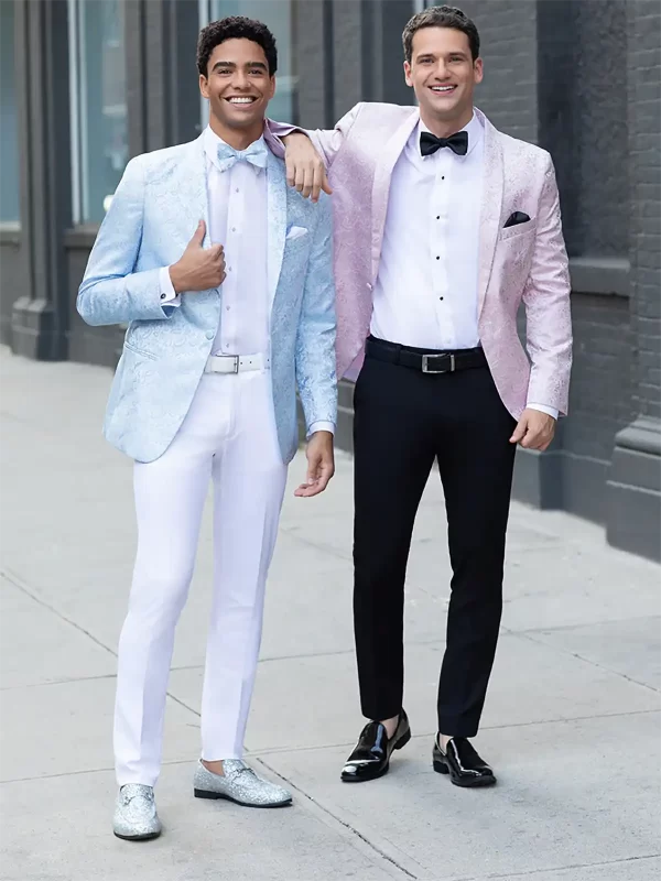 Two men in a blue wedgewood and pink quartz paisley jackets